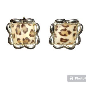 Vintage Animal Print Clip On Earrings Real Hide Silver Tone Metal 1" x 1" 1980s